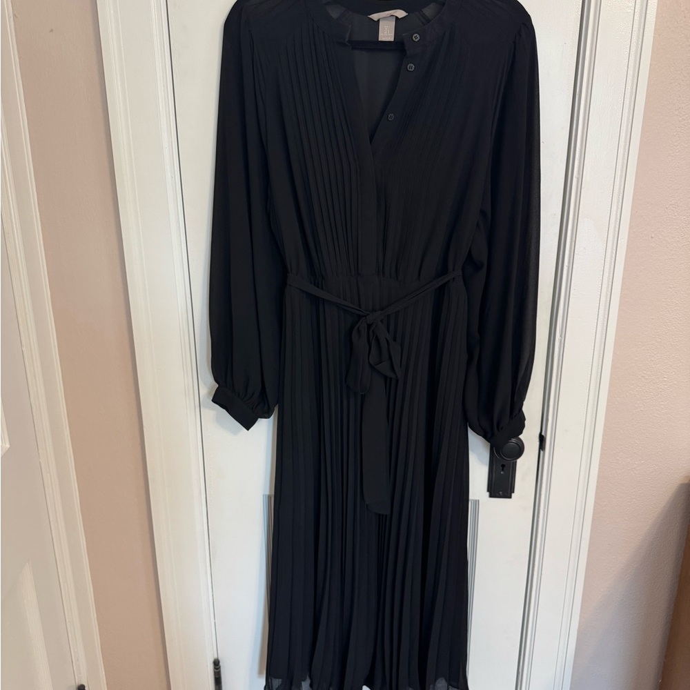 H&M Black Midi Cinched Waist Dress with Bishop Sleeves